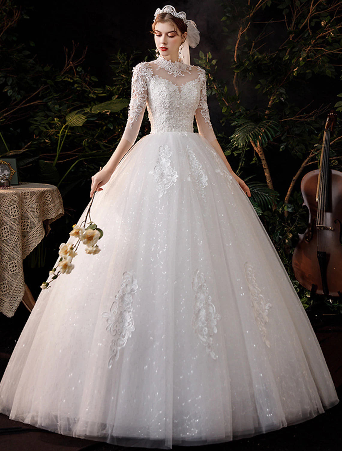 Luolandi Reception Wedding Dresses Ball Gown High Neck Half Sleeve Floor Length Lace Bridal Gowns