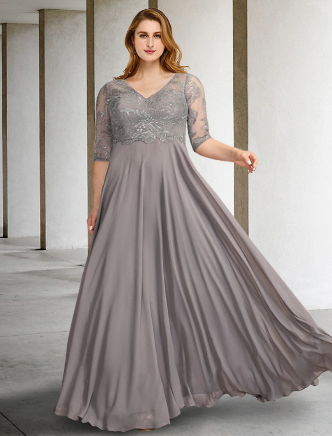 Luolandi A-Line Mother of the Bride Dresses Plus Size Hide Belly Curve Elegant Dress Formal Floor Length Half Sleeve V Neck Chiffon with Pleats