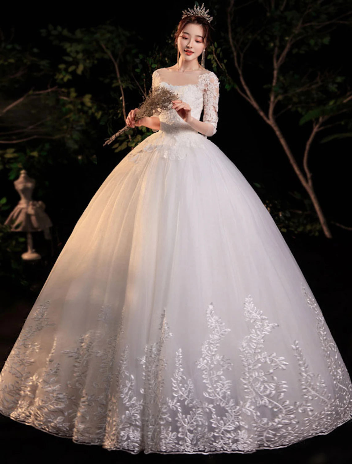 Luolandi Reception Formal Wedding Dresses Ball Gown Illusion Neck Half Sleeve Floor Length Lace Bridal Gowns