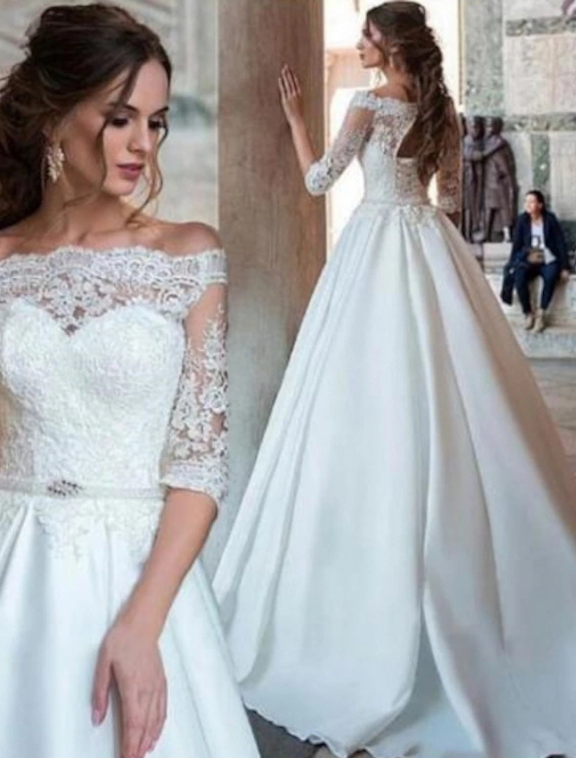 Luolandi Engagement Formal Wedding Dresses Ball Gown Off Shoulder Half Sleeve Sweep / Brush Train Satin Bridal Gowns With Pleats