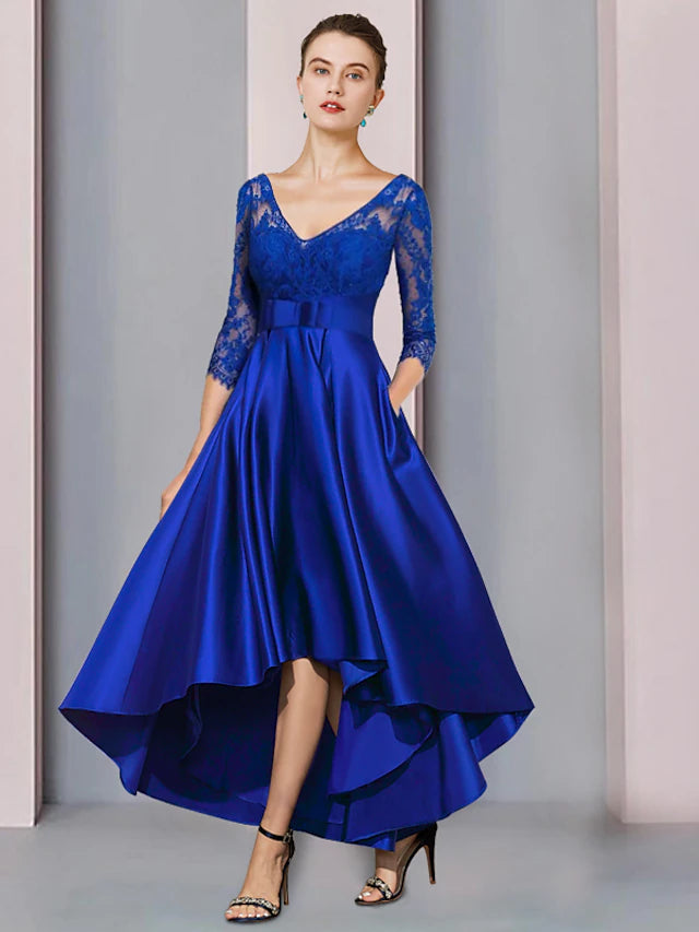 Luolandi A-Line Mother of the Bride Dress Formal Wedding Guest Elegant High Low Jewel Neck V Neck Asymmetrical Tea Length Satin Lace 3/4 Length Sleeve with Bow(s)