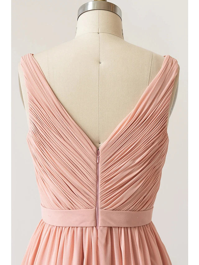 Luolandi A-Line Bridesmaid Dress V Neck Sleeveless Open Back Floor Length Chiffon with Pleats Pure Color