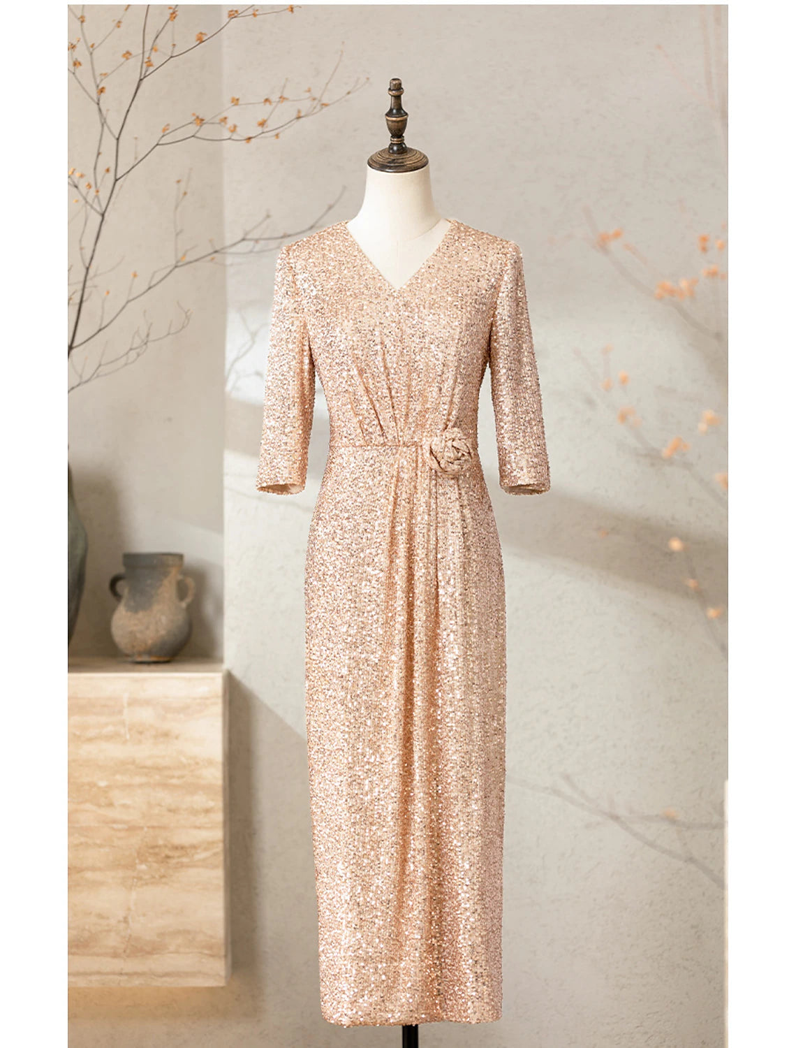 Luolandi Sheath / Column Cocktail Dresses Sparkle & Shine Dress Wedding Party Floor Length Half Sleeve V Neck Sequined with Sequin