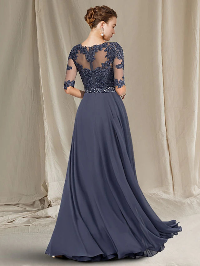Luolandi A-Line Mother of the Bride Dress Luxurious Elegant Jewel Neck Floor Length Chiffon Lace Tulle Half Sleeve