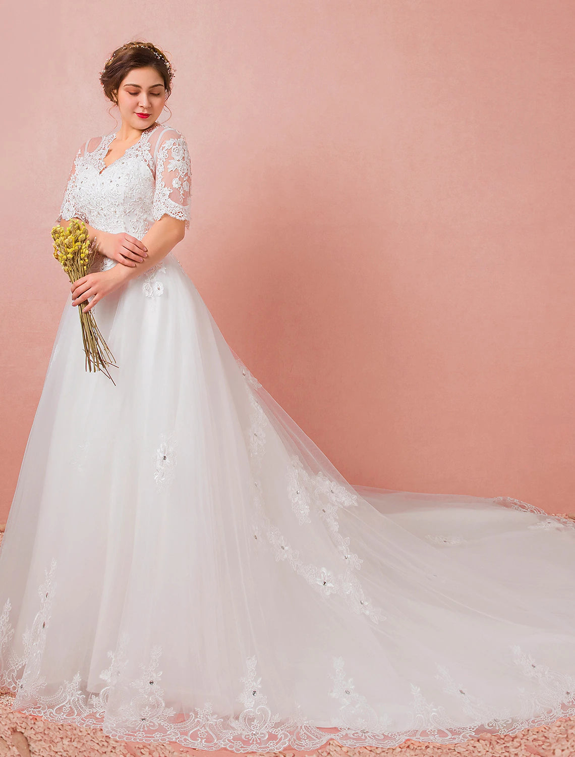 Luolandi Hall Wedding Dresses A-Line V Neck Half Sleeve Cathedral Train Satin Bridal Gowns With Lace