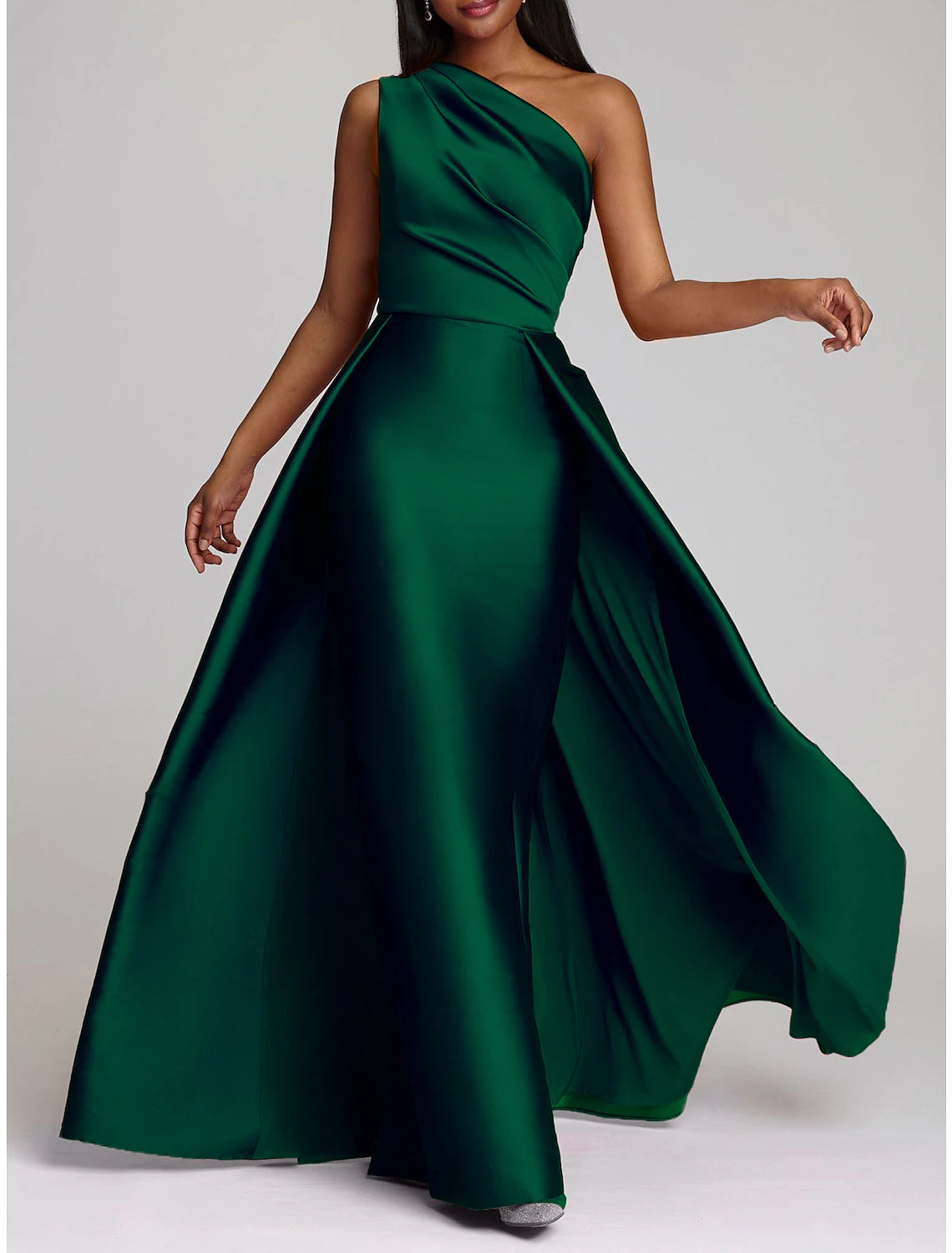 Luolandi Sheath Red Green Dress Evening Gown Hot Pink Dress Wedding Guest Floor Length Sleeveless One Shoulder Satin with Overskirt