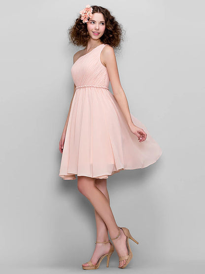 A-Line Bridesmaid Dress One Shoulder Sleeveless All Celebrity Styles Knee Length Chiffon with Side