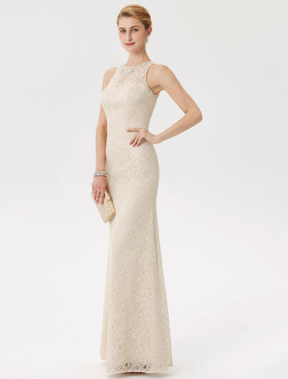 Sheath / Column Mother of the Bride Dress Elegant See Through Illusion Neck Floor Length Lace Sleeveless with Crystals