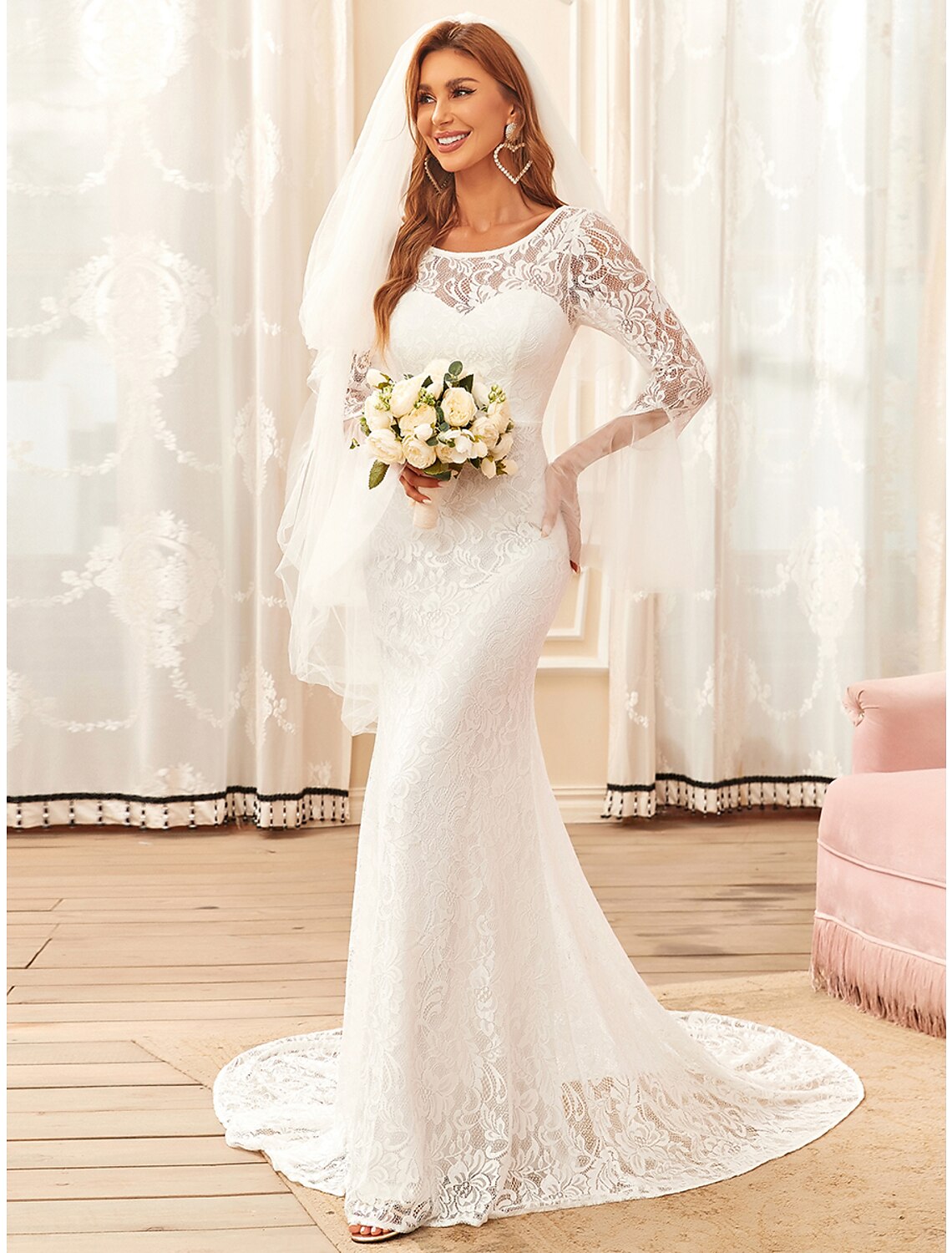 Luolandi Reception Boho Wedding Dresses Mermaid / Trumpet Illusion Neck Long Sleeve Sweep / Brush Train Lace Bridal Gowns