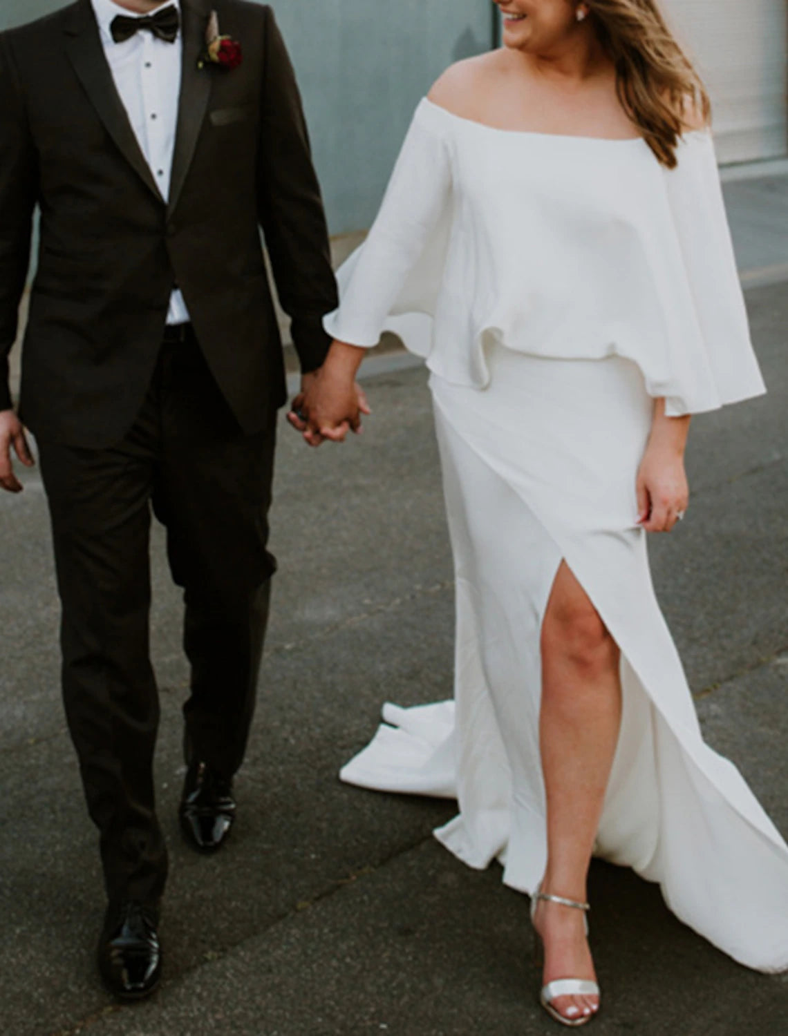 Luolandi A-Line Plus Size Curve Wedding Dresses Minimalist Dress Party Wear Sweep / Brush Train Half Sleeve Off Shoulder with Slit