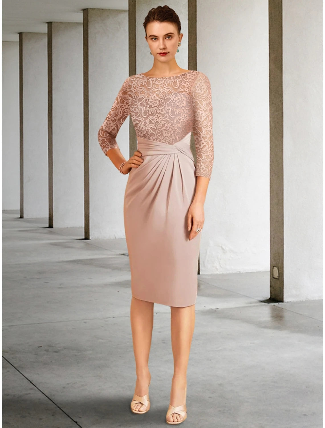 Luolandi A-Line Mother of the Bride Dress Wedding Guest Elegant Petite Scoop Neck Knee Length Chiffon 3/4 Length Sleeve with Lace Ruching