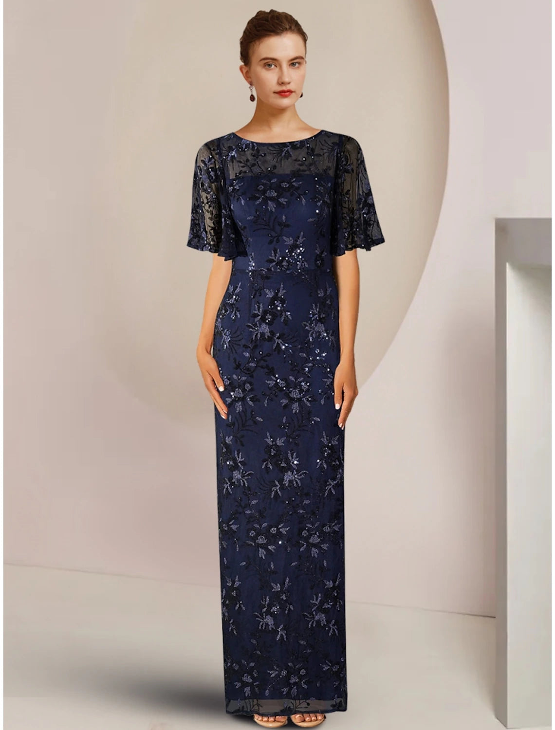 Luolandi Sheath / Column Mother of the Bride Dress Wedding Guest Sparkle & Shine Elegant Scoop Neck Ankle Length Sequined Short Sleeve with Sequin