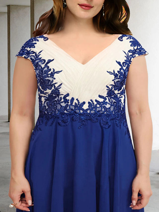Luolandi A-Line Plus Size Curve Mother of the Bride Dresses Color Block Dress Formal Tea Length Sleeveless V Neck Chiffon with Appliques