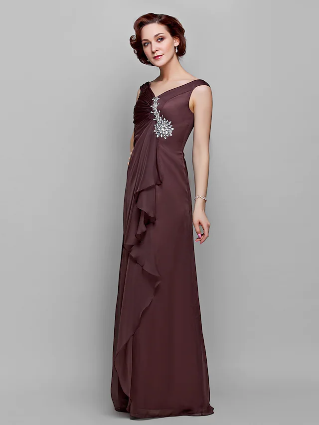 Luolandi A-Line Mother of the Bride Dress Vintage Inspired V Neck Floor Length Chiffon Sleeveless with Crystals Ruffles