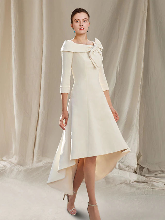Luolandi A-Line Mother of the Bride Dress Elegant High Low Bateau Neck Asymmetrical Knee Length Fabric 3/4 Length Sleeve with Bow(s)