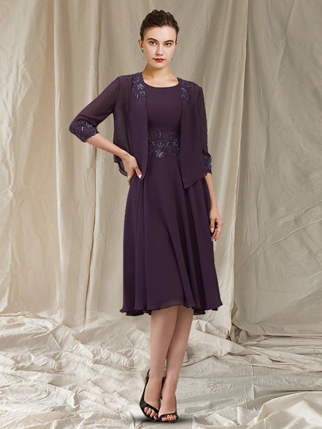 Luolandi Two Piece Sheath / Column Mother of the Bride Dress Church Elegant Jewel Neck Knee Length Chiffon Lace Sleeveless