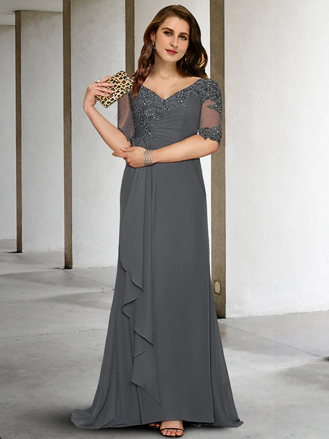 Luolandi Mermaid / Trumpet Plus Size Curve Mother of the Bride Dresses Vintage Dress Formal Sweep / Brush Train Half Sleeve V Neck Chiffon with Pleats