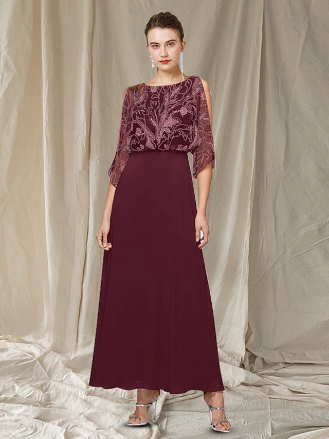 Luolandi A-Line Mother of the Bride Dress Elegant Jewel Neck Floor Length Chiffon Lace Half Sleeve