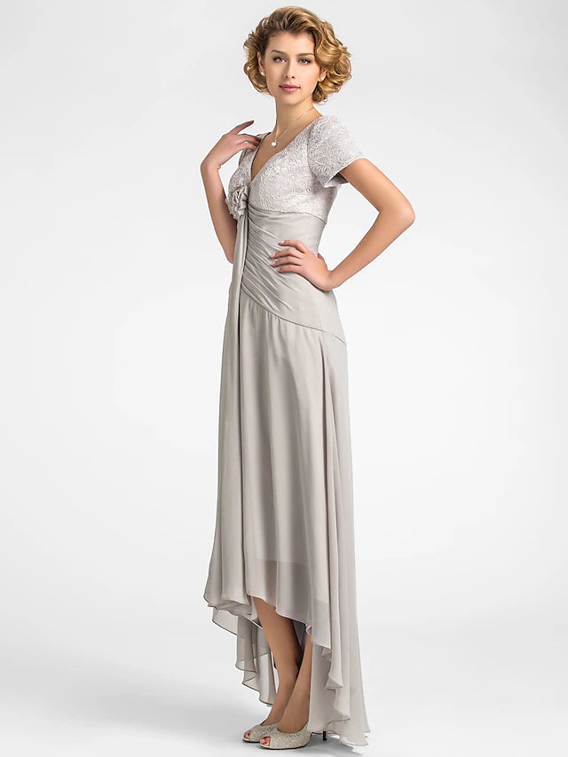 Luolandi A-Line Mother of the Bride Dress Floral High Low V Neck Asymmetrical Chiffon Lace Short Sleeve with Flower