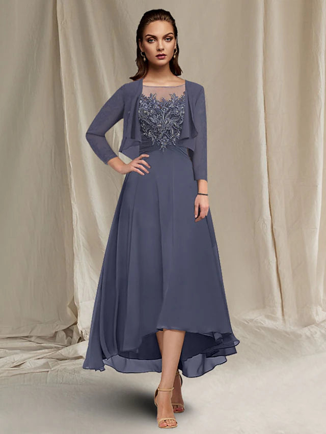 Luolandi A-Line Mother of the Bride Dress Elegant High Low Jewel Neck Asymmetrical Tea Length Chiffon Lace Short Sleeve Wrap Included with Ruched Sequin