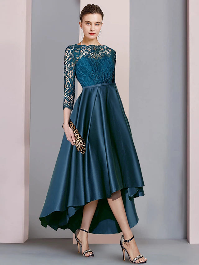 Luolandi A-Line Mother of the Bride Dress Formal Wedding Guest Elegant High Low Scoop Neck Asymmetrical Tea Length Satin Lace Half Sleeve