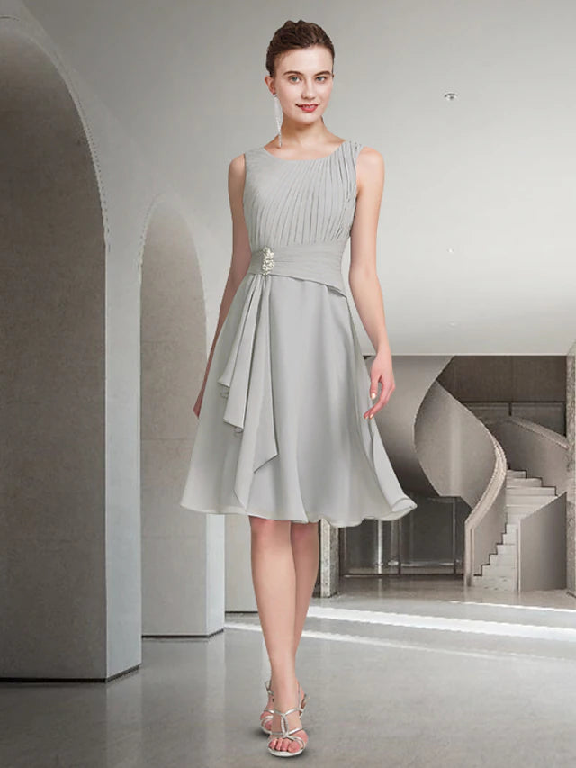 Luolandi Two Piece A-Line Mother of the Bride Dress Church Elegant Jewel Neck Knee Length Chiffon Sleeveless with Pleats