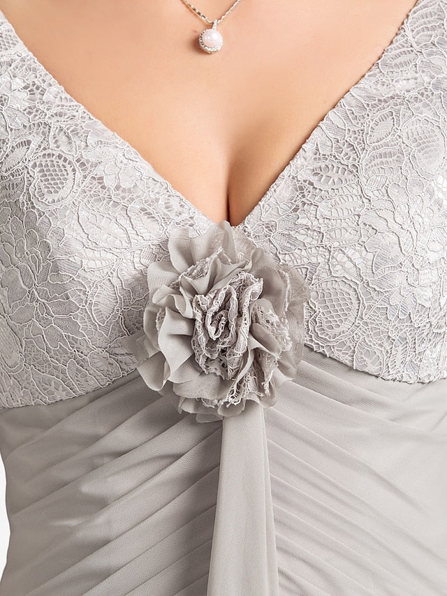 Luolandi A-Line Mother of the Bride Dress Floral High Low V Neck Asymmetrical Chiffon Lace Short Sleeve with Flower