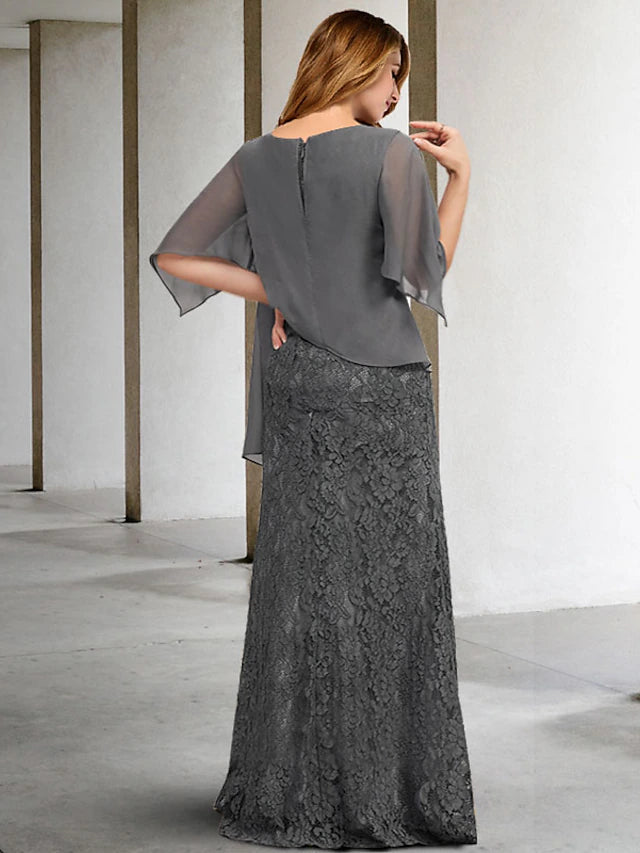 Luolandi Sheath / Column Plus Size Curve Mother of the Bride Dresses Elegant Dress Formal Floor Length Half Sleeve Jewel Neck Chiffon