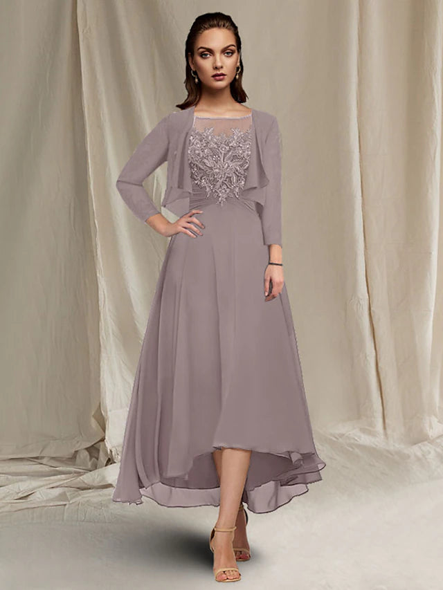 Luolandi A-Line Mother of the Bride Dress Elegant High Low Jewel Neck Asymmetrical Tea Length Chiffon Lace Short Sleeve Wrap Included with Ruched Sequin