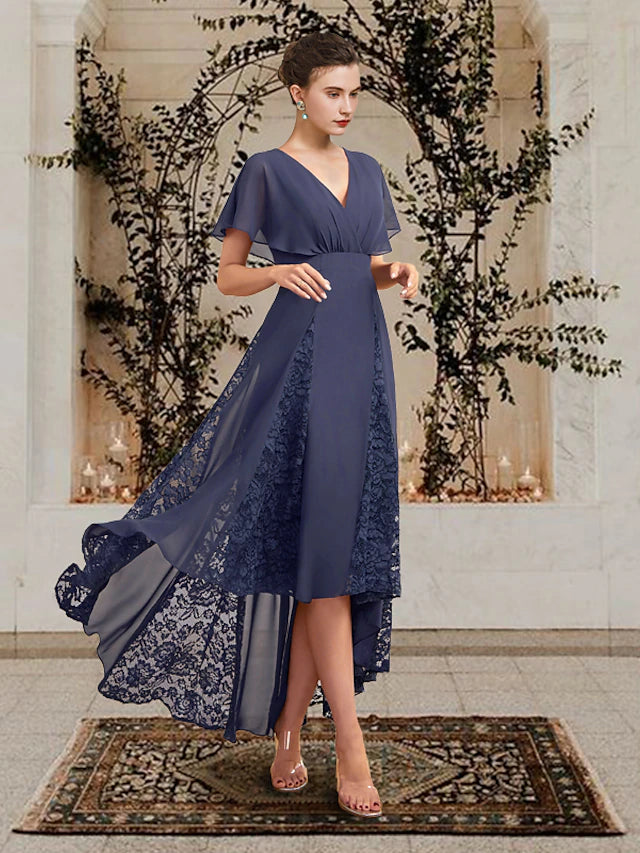 Luolandi A-Line Mother of the Bride Dress Plus Size Elegant High Low V Neck Asymmetrical Chiffon Lace Short Sleeve with Appliques
