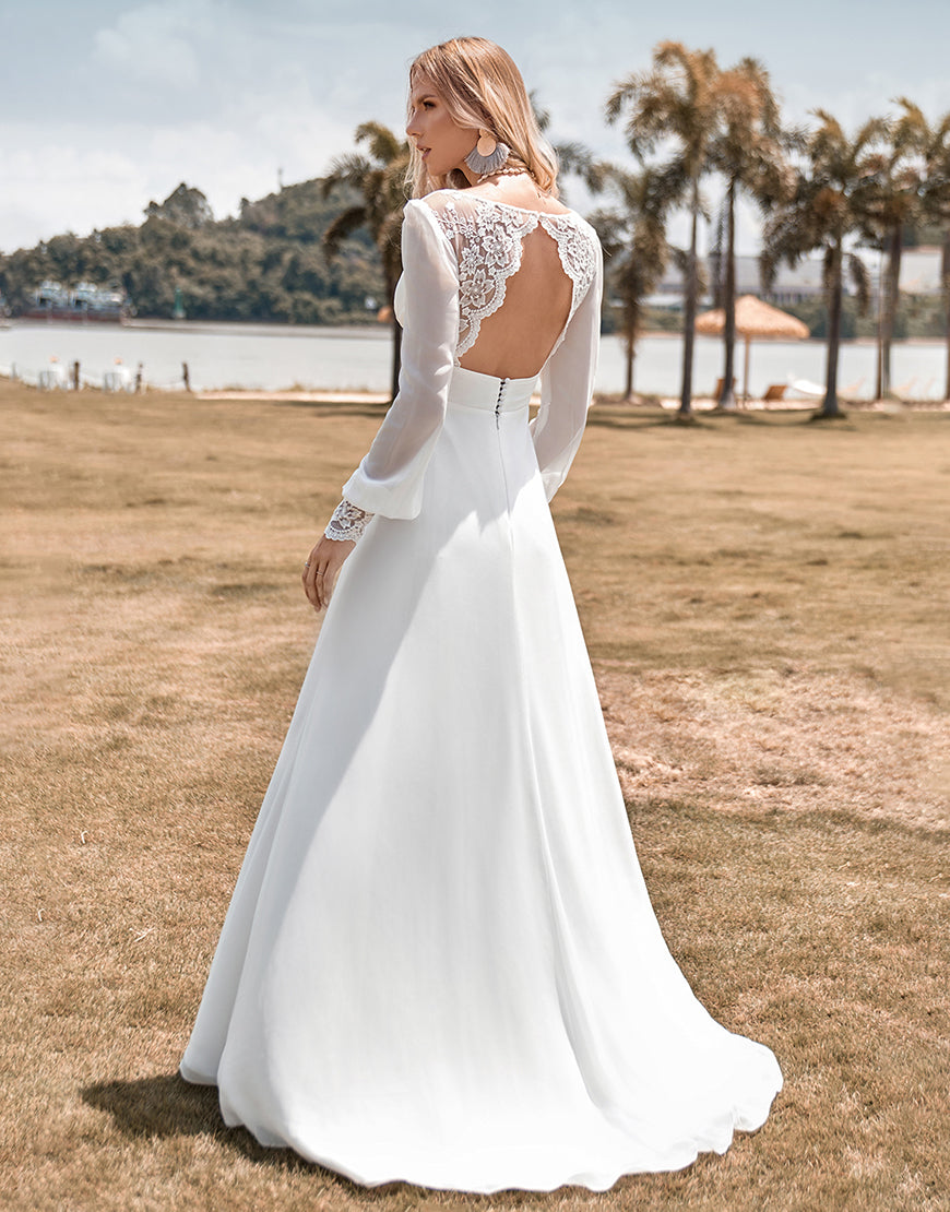 Luolandi Ivory Boho Simple Sheath Long Sleeves Wedding Dress with Lace V-neck Floor Length