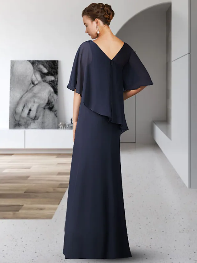 Luolandi Mother of the Bride Dress Elegant V Neck Floor Length Chiffon Half Sleeve with Ruffles Dark Navy