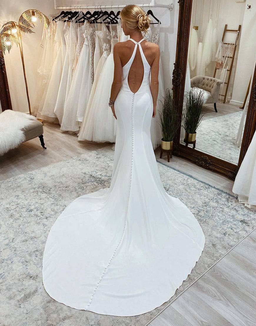 Luolandi Halter Open Back Long Wedding Dress Pure Color Beautiful