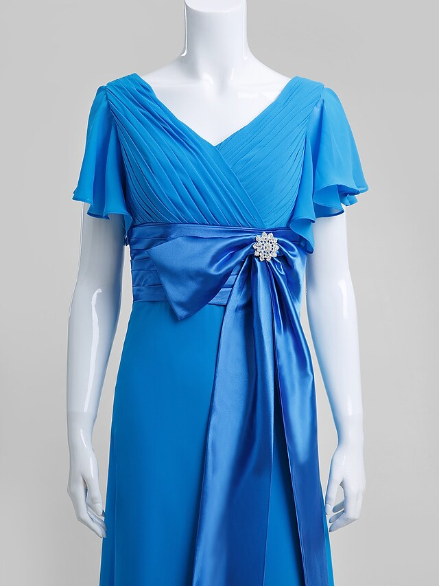 Luolandi Mother of the Bride Dress Elegant V Neck Floor Length Chiffon Short Sleeve with Crystals