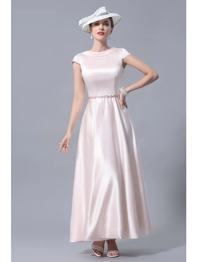 Luolandi A-Line Mother of the Bride Dress Plus Size Cowl Neck Ankle Length Satin Short Sleeve with Crystals Open Back