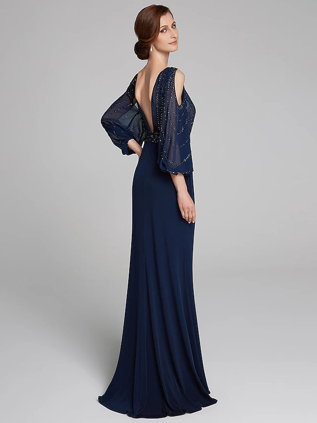 Luolandi Sheath / Column Mother of the Bride Dress Sparkle & Shine Boat Neck Floor Length Chiffon Jersey Long Sleeve No with Beading