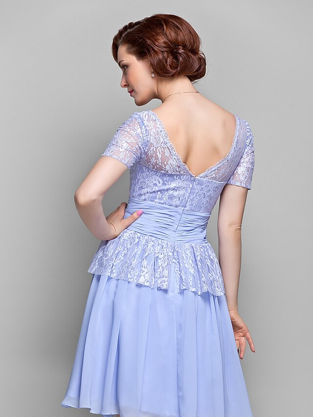 Luolandi A-Line Mother of the Bride Dress Square Neck Knee Length Chiffon Lace Short Sleeve with Lace Bow(s)