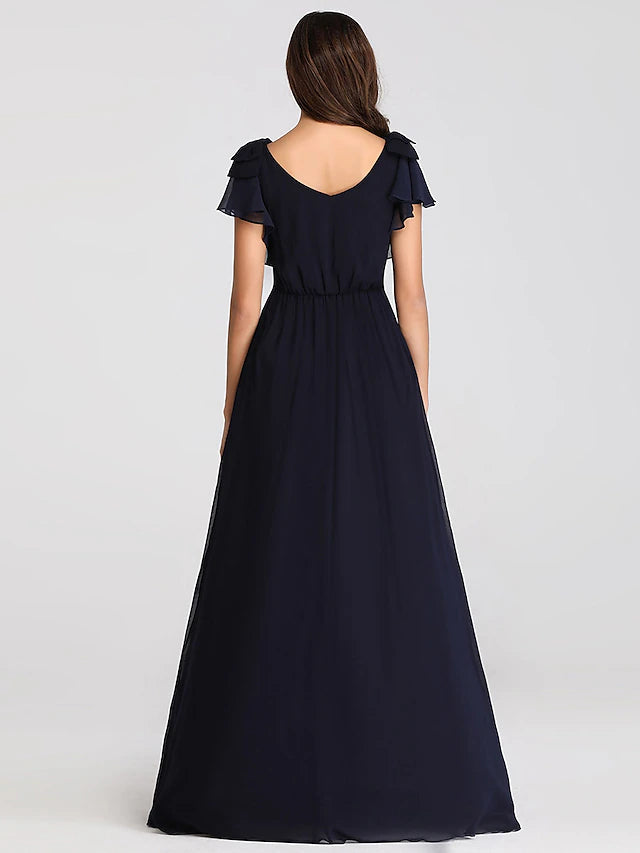 Luolandi A-Line Mother of the Bride Dress Plus Size V Neck Floor Length Chiffon Short Sleeve with Ruffles