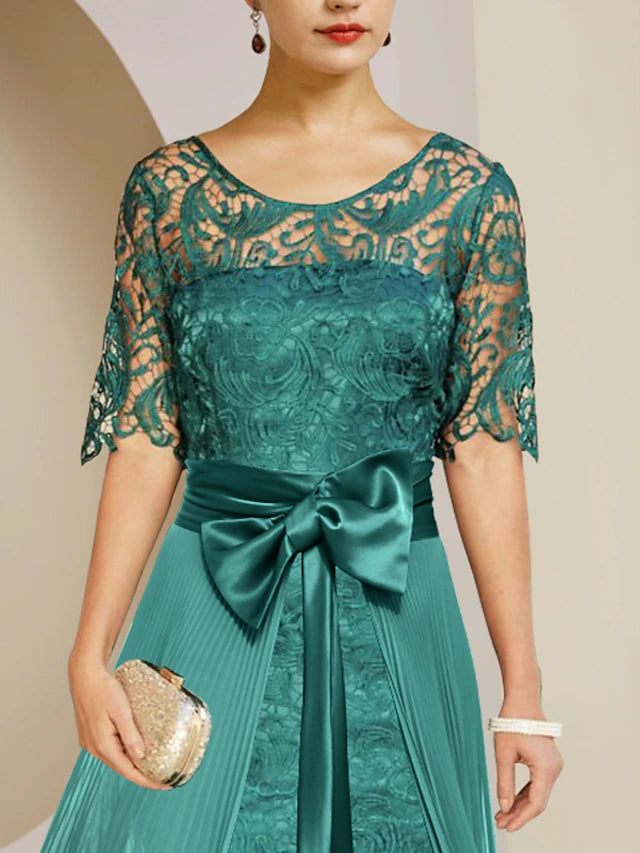 Luolandi Two Piece Sheath / Column Mother of the Bride Dress Formal Wedding Guest Elegant detachable Scoop Neck Knee Length Chiffon Lace Sleeveless with Bow(s)