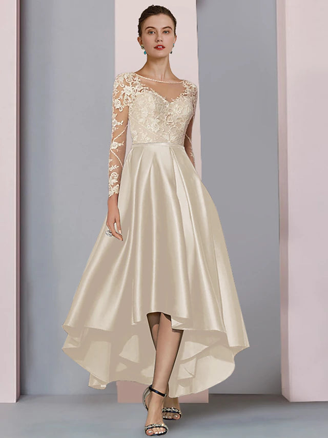 Luolandi A-Line Mother of the Bride Dress Wedding Guest Elegant High Low Scoop Neck Asymmetrical Tea Length Satin Lace Long Sleeve