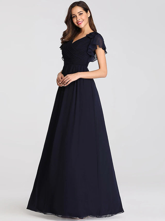 Luolandi A-Line Mother of the Bride Dress Plus Size V Neck Floor Length Chiffon Short Sleeve with Ruffles