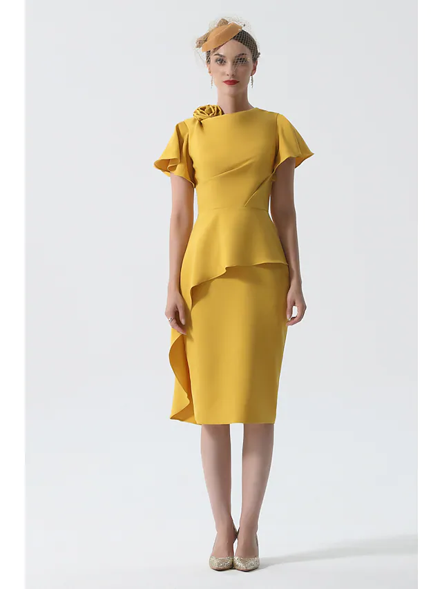 Luolandi Mother of the Bride Dress Elegant Cowl Neck Knee Length Satin Short Sleeve