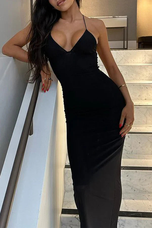 Luolandi Sexy solid color butterfly backless mesh V-neck one-step dress evening dress Black