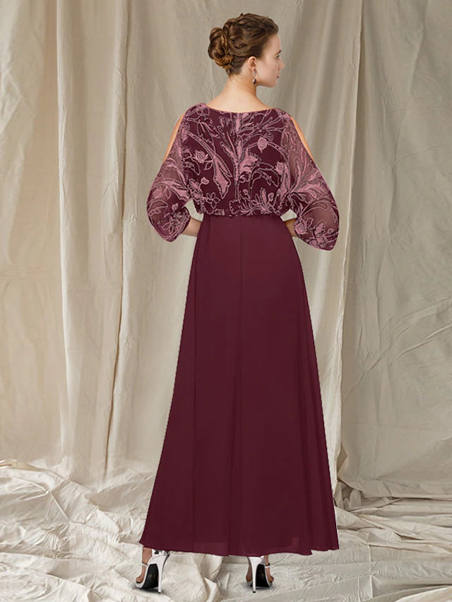 Luolandi A-Line Mother of the Bride Dress Elegant Jewel Neck Floor Length Chiffon Lace Half Sleeve
