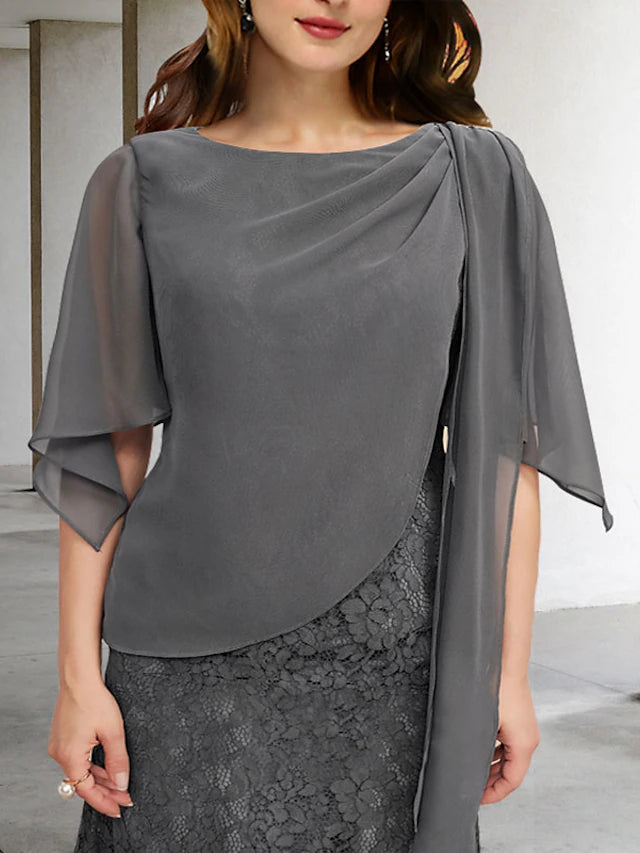 Luolandi Sheath / Column Plus Size Curve Mother of the Bride Dresses Elegant Dress Formal Floor Length Half Sleeve Jewel Neck Chiffon