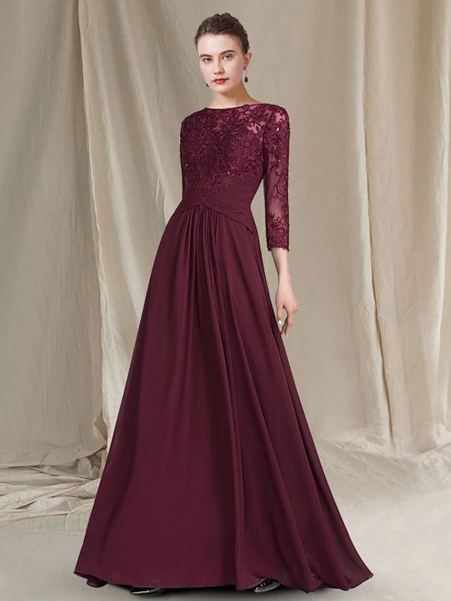 Luolandi Sheath / Column Mother of the Bride Dress Plus Size Elegant Jewel Neck Floor Length Chiffon Lace 3/4 Length Sleeve