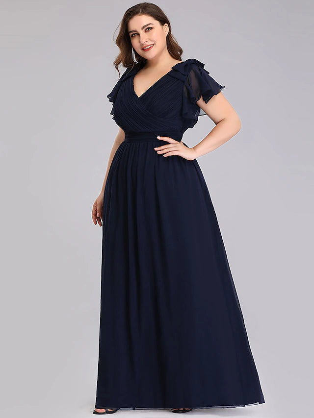 Luolandi A-Line Mother of the Bride Dress Plus Size V Neck Floor Length Chiffon Short Sleeve with Ruffles