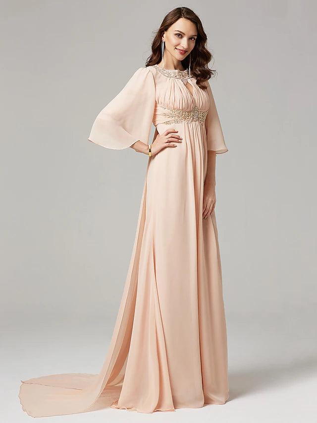 Luolandi A-Line Mother of the Bride Dress Luxurious Elegant Jewel Neck Sweep / Brush Train Chiffon Half Sleeve with Pleats