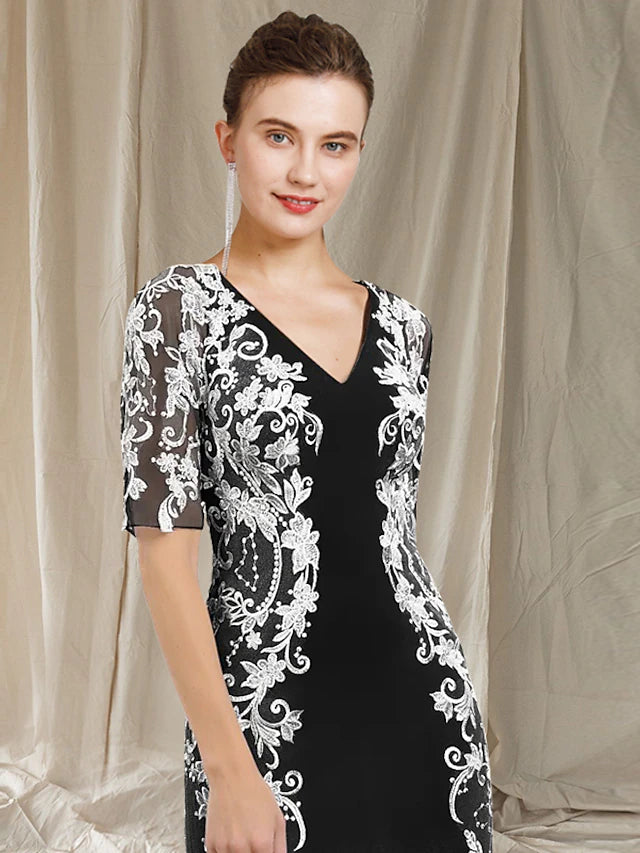 Luolandi Sheath / Column Mother of the Bride Dress Elegant V Neck Floor Length Half Sleeve Wedding Guest Dresses
