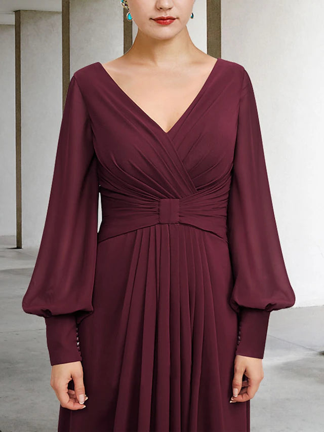 Luolandi A-Line Mother of the Bride Dress Plus Size Elegant High Low V Neck Asymmetrical Floor Length Chiffon Long Sleeve with Pleats